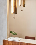 reception desk area with plant and tray on counter with gold lights hanging down